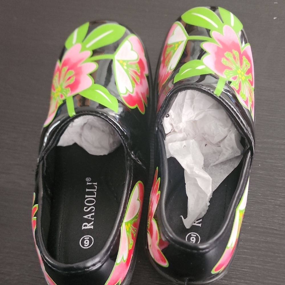 Rasolli Black Clogs with Pink and Green Floral Design